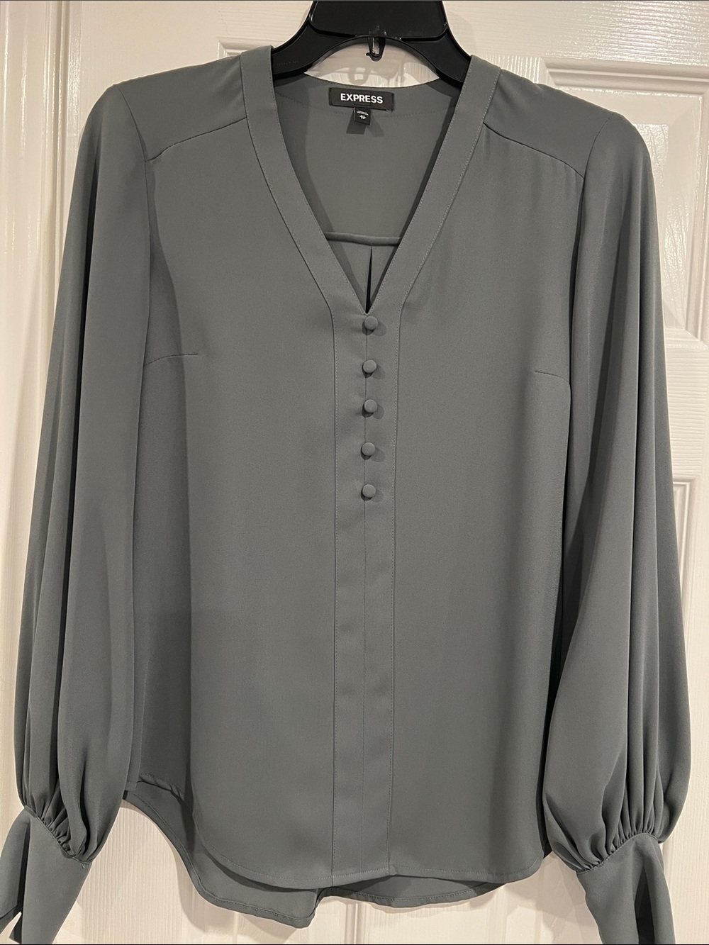 Express Dark Sage Green V-Neck Pleated Cuff Blouse - XS
